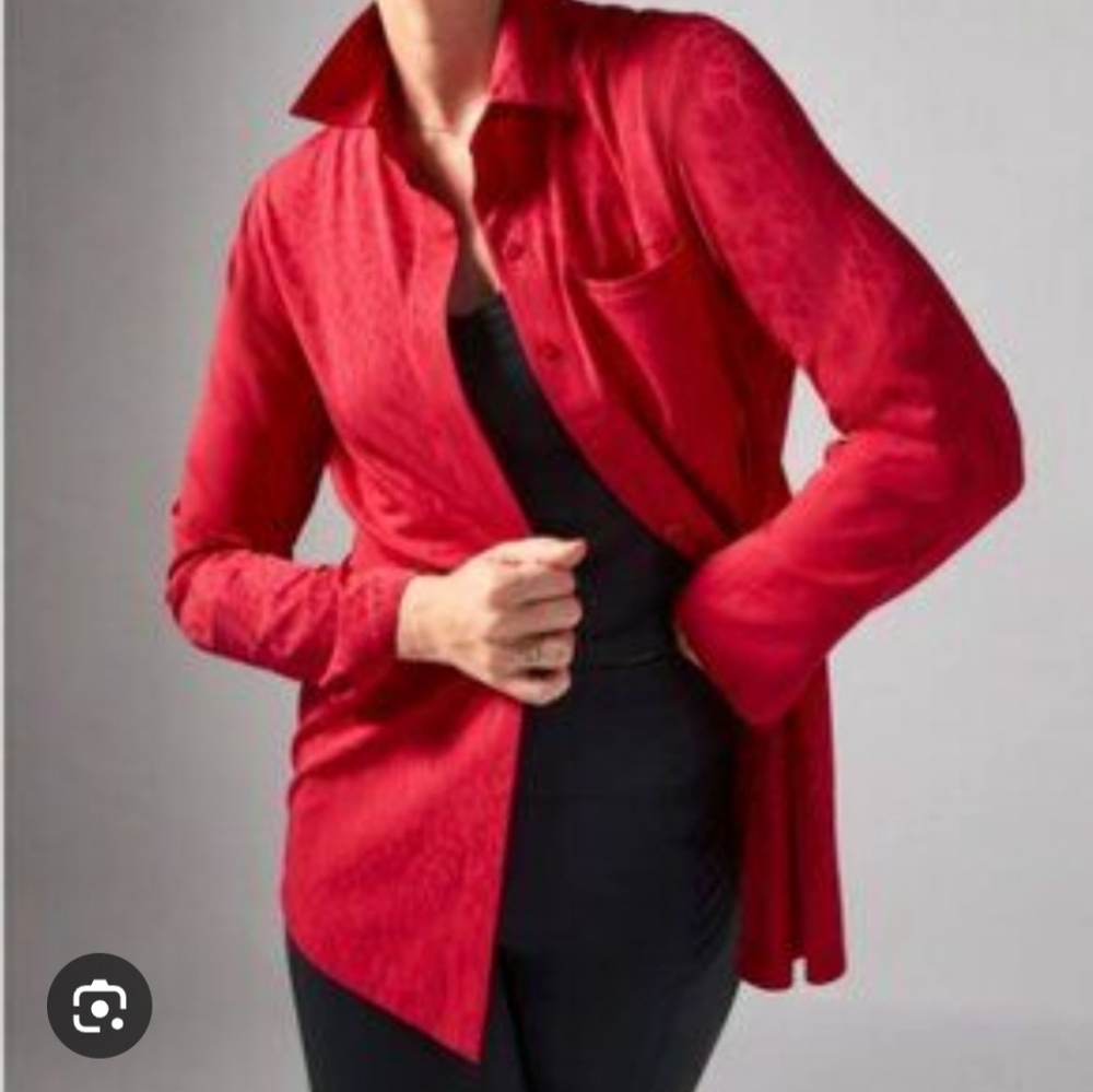 Athleta Shirt Womens S Red Urbanite Textured Stretch Tunic Button Up Hi Low Hem